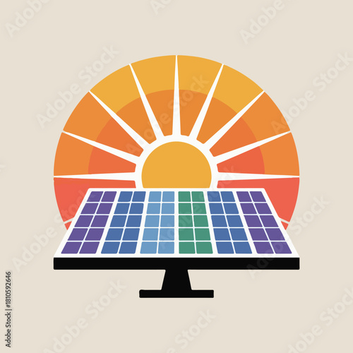 Solar panel icon with rising sun in warm colors