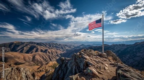 American Flag on Mountain Peak – Dramatic Outdoor Landscape
