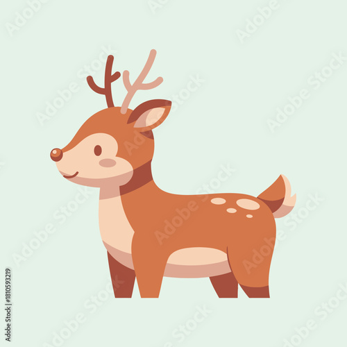 A cute cartoon deer with antlers and spots, standing sideways on a light green background, illustrated in a flat design style.