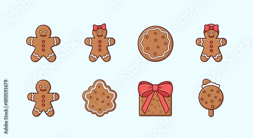 A collection of various gingerbread cookies, including gingerbread men, round cookies, and a cookie on a stick, all with festive decorations.
