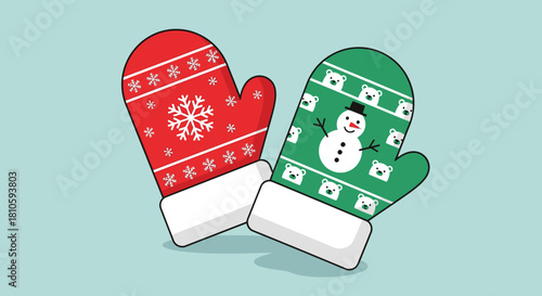 A pair of festive red and green Christmas mittens with snowflake and snowman patterns on a light blue background.