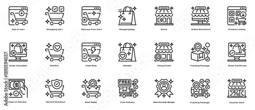 Online Shopping Icon Set Line Icons, Outline Symbols for Digital Purchasing, Product Browsing, Ecommerce Transactions, Customer Checkout, and Retail Operations. Vector Sign Collection.