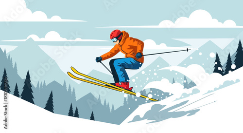 A person in an orange jacket and blue pants skiing down a snowy mountain, kicking up snow, with pine trees and other mountains in the background.