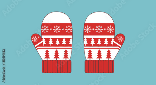 A pair of red and white knitted winter mittens with a festive Christmas tree and snowflake pattern.
