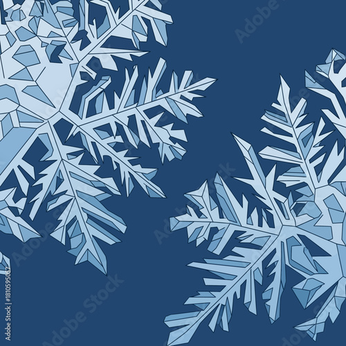 Close-up illustration of two intricate blue snowflakes against a dark blue background, showcasing their crystalline structures.