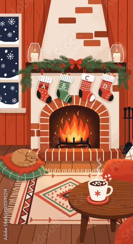 Cozy Christmas scene with a roaring fireplace, stockings hung, and a cat napping by the window.