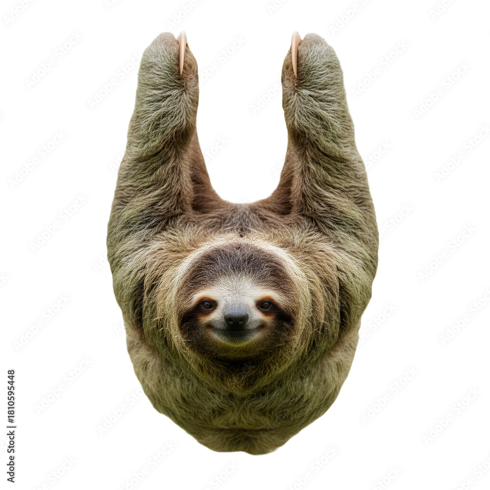 Naklejka premium The Sloth: A portrait of a charming sloth hanging, its unique form and gentle expression captures the essence of tranquility.