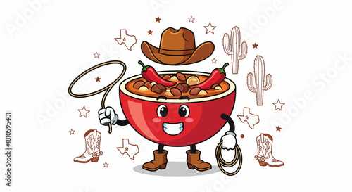 Cartoon Chili Bowl Character with Cowboy Hat and Lasso.