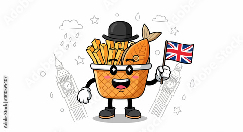 Cartoon Fish and Chips Character with British Flag.