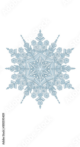 Intricate light blue snowflake with complex crystalline structure on a white background, showcasing delicate natural geometry.