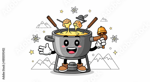 Cartoon Fondue Pot Character with Forks and Cheese.