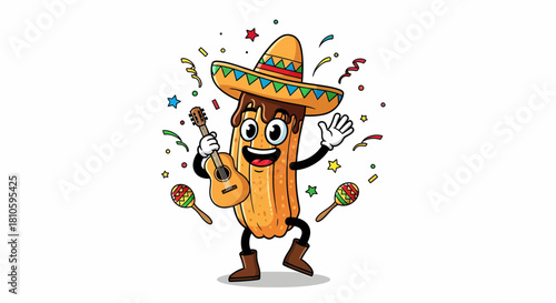 Cartoon Hot Dog Character in Sombrero Playing Guitar with Maracas and Confetti.