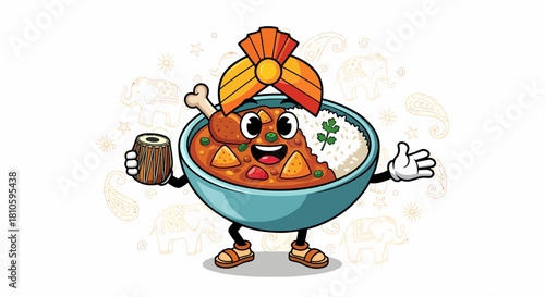 Cartoon Indian Curry Bowl Character with Turban and Drink.