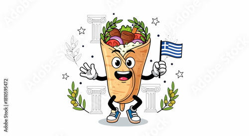 Happy Gyro Mascot Holding Greek Flag with Ancient Greek Elements.