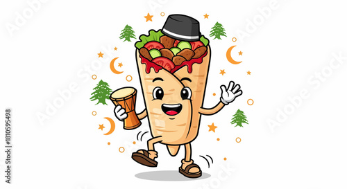 Happy Kebab Wrap Cartoon Character Dancing with a Drum.
