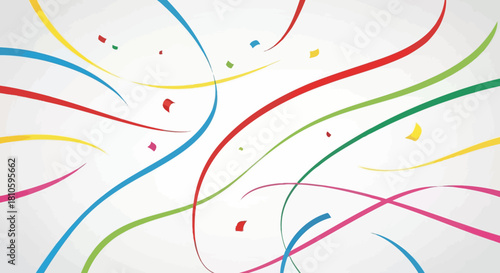 Colorful abstract background with dynamic swirling ribbons and festive confetti.