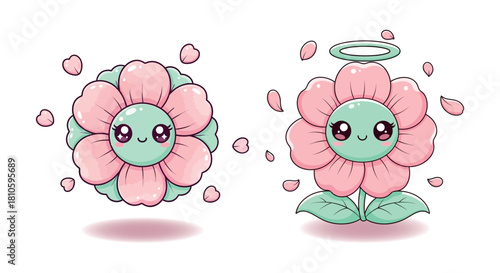 Cute set of kawaii flower characters in a cartoon style. This adorable duo includes a pink angel flower with a halo and a smiling flower head