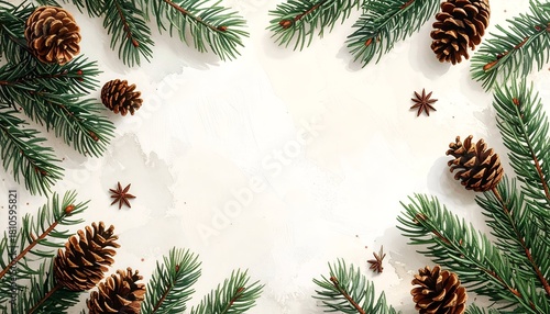 Wallpaper Mural Festive composition of pine branches, cones, and star anise on a watercolor background Torontodigital.ca