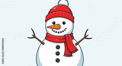 A cheerful snowman wearing a red hat, scarf, and holding twig arms, smiling brightly.