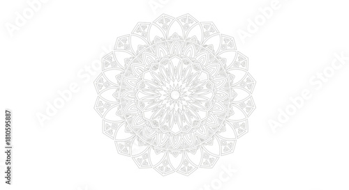 A delicate and intricate light gray mandala with symmetrical geometric patterns on a white background.