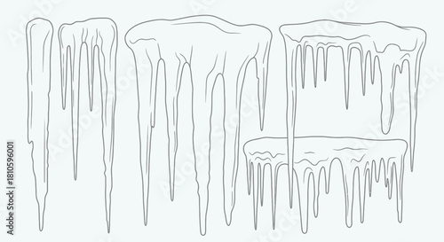 A detailed line drawing of several icicles hanging from an overhang, showcasing their varied lengths and shapes.