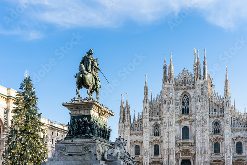 The Milan Cathedral (Duomo di Milano) in Italy  with 
The equestrian monument of Victor Emmanuel II