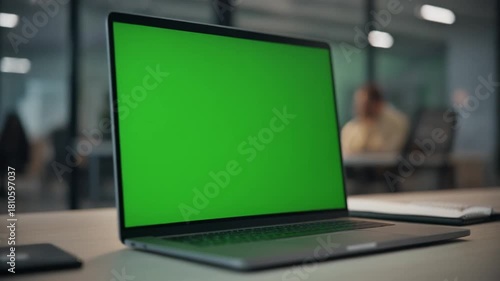 Wallpaper Mural Sleek portable computer with a bright green screen positioned on an office desk, perfect for digital content overlay, representing innovation and a dynamic work environment Torontodigital.ca