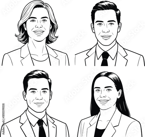 Business portraits, corporate team, professional headshots, diverse employees, office attire, leadership concept, HR profile, executive illustration, workplace diversity, branding