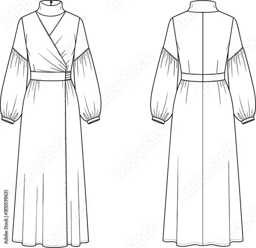 Elegant, long-sleeved, full-length dress illustration, fashion sketch, bishop sleeves, wrap bodice, technical drawing, garment design, couture concept, sewing reference
