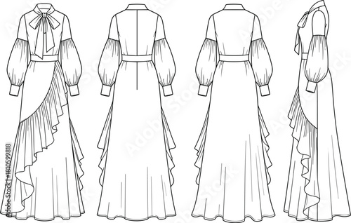 fashion illustration, dress design, technical sketch, puff sleeves, high collar, ruffle detail, garment construction, long dress, couture concept, side view