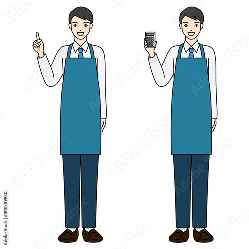 Male staff in blue apron pointing finger and holding calculator