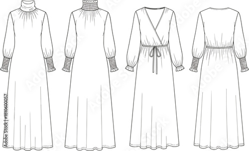 Fashion illustration, technical drawing, long sleeve dresses, garment design, dress sketch, front and back view, sewing pattern, couture concept