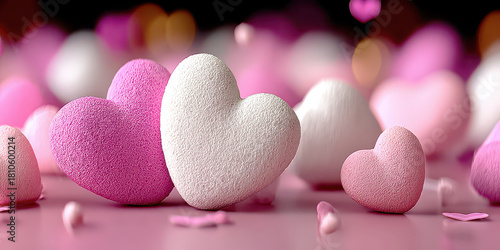 Close-up of fluffy white and pink heart shapes for Valentine's Day