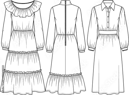 Fashion illustration, technical sketch, dress design, ruffle details, puff sleeves, garment construction, sewing pattern, tiered skirt, fashion template, apparel blueprint