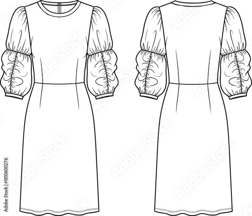 Fashion illustration, technical sketch, puff sleeve dress, front and back view, scalloped hem, ruched sleeve, garment design, couture concept