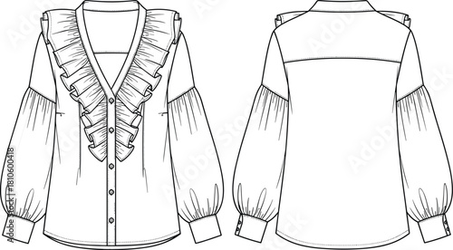 Fashion illustration, women's blouse, technical sketch, ruffle neckline, puff sleeve, button cuff, garment design, apparel drawing, sewing reference, style concept
