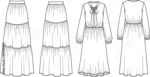 Fashion sketch, technical drawing, tiered skirt, long sleeve dress, garment design, front view, back view, sewing template, apparel illustration, clothing blueprint