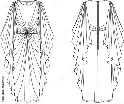 Fashion illustration, technical sketch, elegant dress design, draped gown, cape sleeves, garment construction, couture concept, front back view, zipper detail, waist gathering