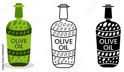Flat vector illustration of a green olive oil bottle