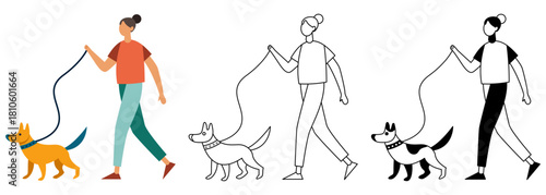 Flat vector artwork of a young woman with a dog isolated on white background