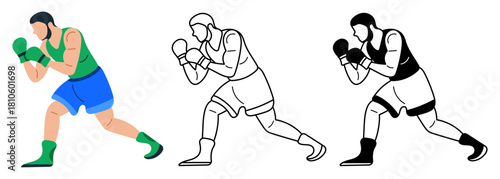 Flat vector illustration of a male boxer in a strong stance