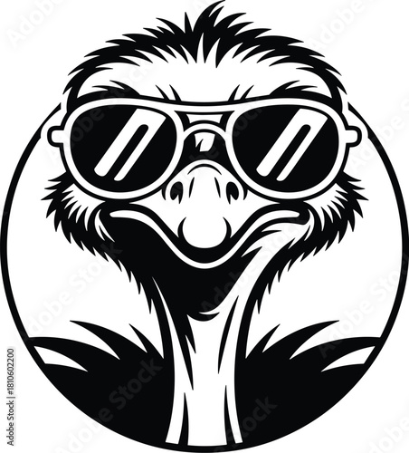 Ostrich illustration, cool bird, animal portrait, black and white, sunglasses, funny wildlife, quirky character, stylized sketch, mascot design, graphic art