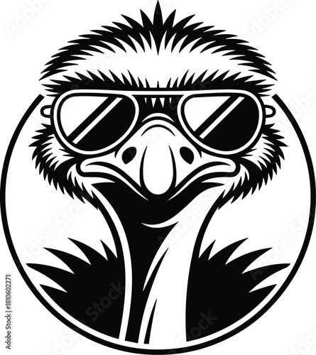 Ostrich, sunglasses, cool bird, black and white, animal illustration, fashion, quirky, stylish, graphic art, bold, modern, humor, trendy, wildlife 
