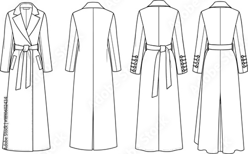 Trench coat fashion sketch, technical drawing, garment design, coat illustration, apparel blueprint, outerwear concept, sewing pattern, style reference, designer template