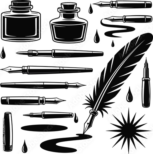 Vintage, fountain, pen, ink, bottle, quill, feather, calligraphy, writing, tool, nib, stroke, artistic, illustration, classic, stationery, drawing, sketch, retro, design