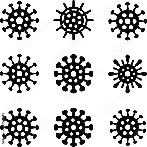 Virus icon set, black virus symbols, medical illustration, pathogen graphics, stylized virus shapes, microbiology concept, infectious disease visuals