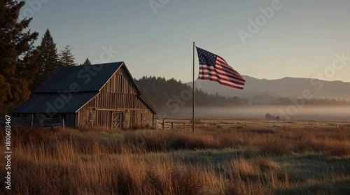 American Flag in Front of Rustic Barn – Rural Americana Scene