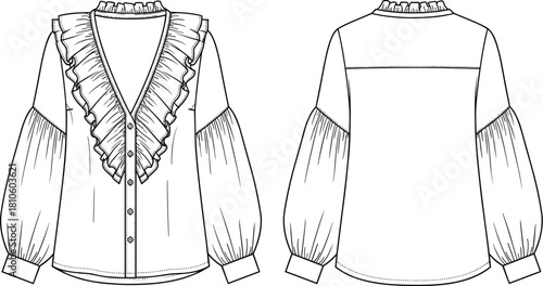 Women's blouse, fashion sketch, technical drawing, ruffle collar, bishop sleeves, garment design, front view, back view, apparel illustration, detailed flat
