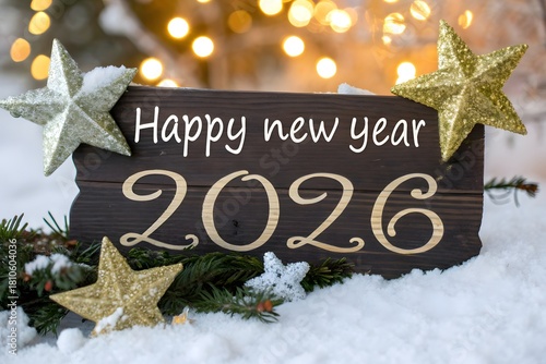 A festive Christmas scene featuring a rustic wooden ornament with the 