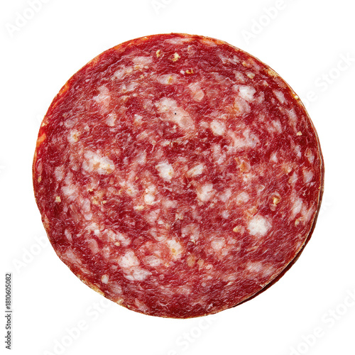 Salami slice, circular, showing texture, red and white color